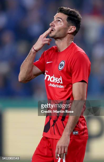 Lucas Alario of Eintracht Frankfurt celebrates after scoring the 4th goal during the DFB Cup first round match between 1. FC Magdeburg and Eintracht...