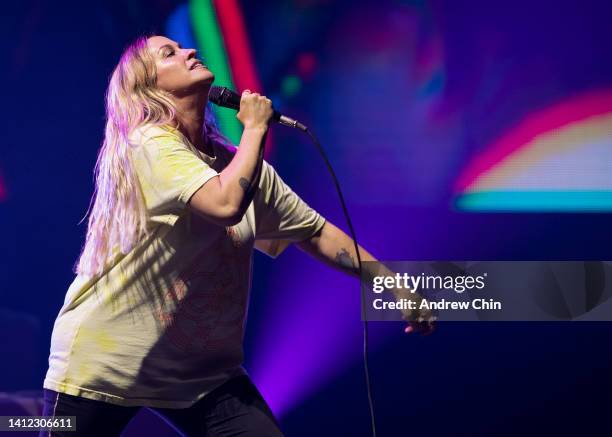 Alanis Morissette performs on stage at Rogers Arena on July 31, 2022 in Vancouver, British Columbia.