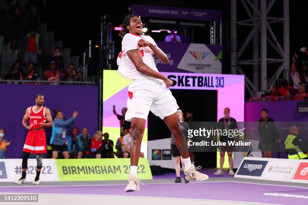 Jaydon Kayne Henry-Mccalla of Team England celebrates victory after the Men's 3x3 Basketball Semi-final match between Team England and Team Canada on...