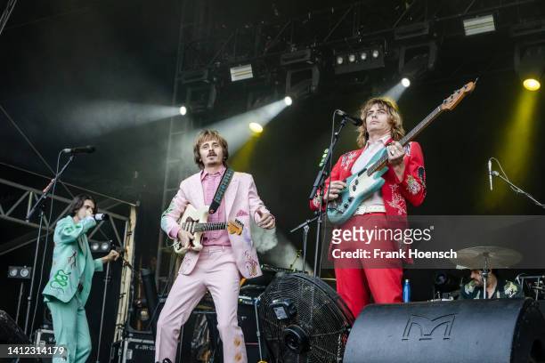Felix Bornholdt, Oliver Leimbach and Louis Leimbach of the Australian band Lime Cordiale perform live on stage in support of Fat Freddys Drop during...