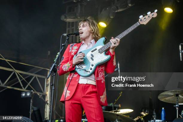 Singer Louis Leimbach of the Australian band Lime Cordiale performs live on stage in support of Fat Freddys Drop during a concert at the Zitadelle...