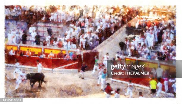 bulls running in navarra, spain - digital manipulation - bullring stock illustrations