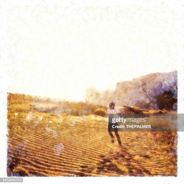 child running in monument valley, utah  - digital manipulation - sun safety stock illustrations