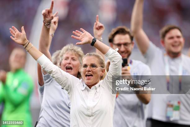 Sarina Wiegman of England celebrates after the full time whistle after her teams victory during the UEFA Women's Euro 2022 final match between...