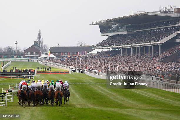 Runners and riders begin the first race, The William Hill Supreme Novices' Hurdle during day one of the Cheltenham Festival at Cheltenham Racecourse...