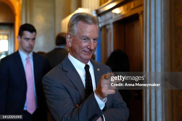 Sen. Tommy Tuberville walks out of the Senate Chambers during a nomination vote in the U.S. Capitol Building on August 01, 2022 in Washington, DC....