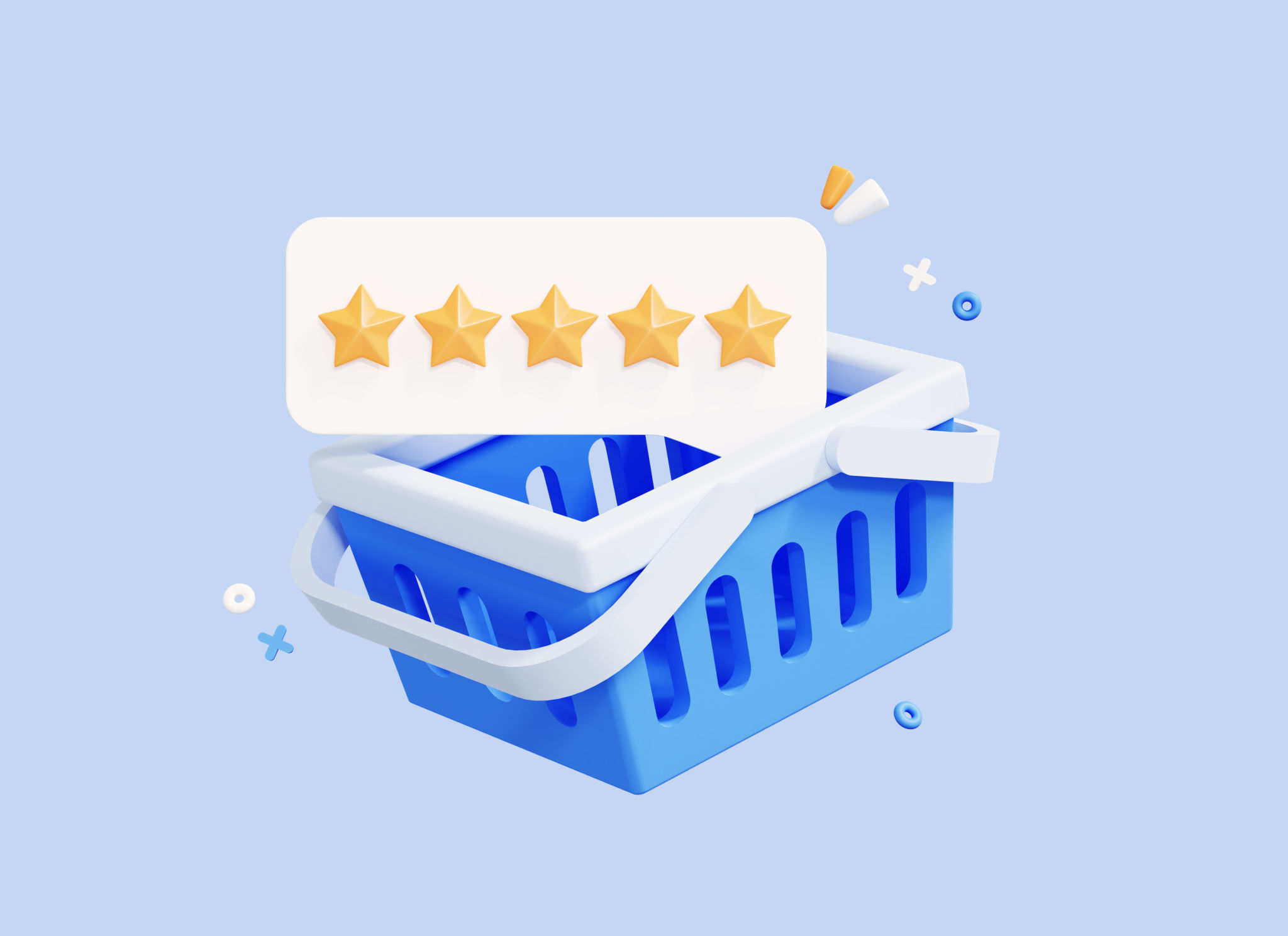 3D Shopping basket with five star rating for products. Good seller review. Customer rating feedback concept. Best grocery store and supermarket. Cartoon icon isolated on blue background. 3D Rendering 3D Shopping basket with five star rating for products. Good seller review. Customer rating feedback concept. Best grocery store and supermarket. Cartoon icon isolated on blue background. 3D Rendering