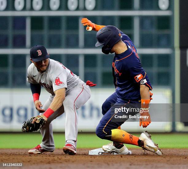 Aledmys Diaz of the Houston Astros slides into second base with a double ahead of the throw to Yolmer Sanchez of the Boston Red Sox in the third...