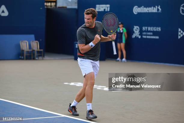 Quentin Halys of France celebrates a point against Ricardas Berankis of Lituania as part of Day 1 of the Mifel ATP Los Cabos Open 2022 at Cabo Sports...