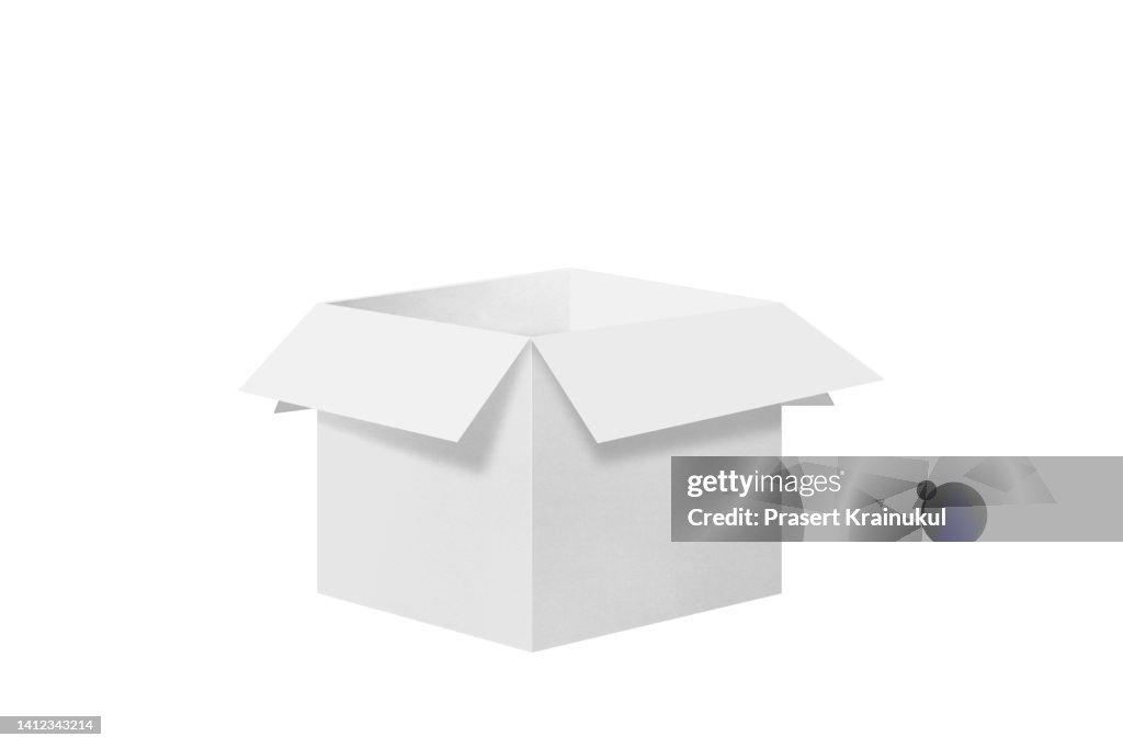 Open white mockup square cardboard packaging boxes isolated on white background. clipping path