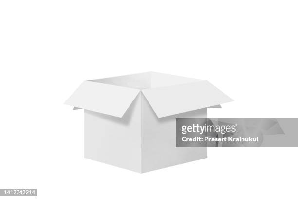 open white mockup square cardboard packaging boxes isolated on white background. clipping path - box mockup stockfoto's en -beelden