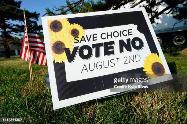 Olathe, KANSAS A Vote No to a Constitutional Amendment on Abortion sign is on display outside a polling station on August 01, 2022 in Olathe, Kansas....