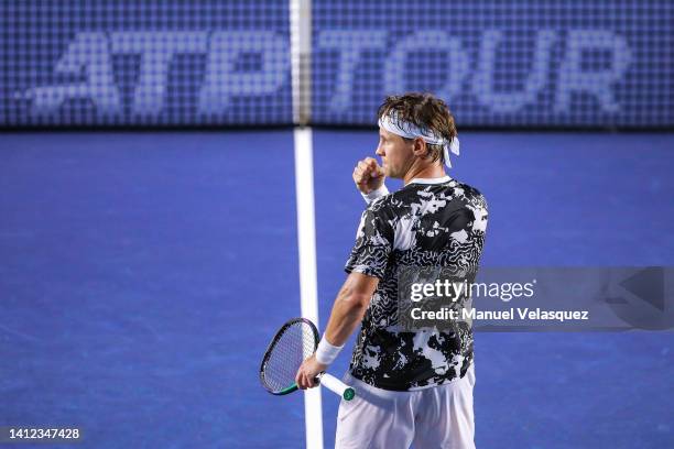 Ricardas Berankis of Lituania celebrates the victory against Quentin Halys of France as part of Day 1 of the Mifel ATP Los Cabos Open 2022 at Cabo...