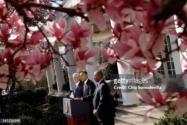 President Barack Obama makes remarks about a trade case against China with Commerce Secretary John Bryson and Trade Representative Ron Kirk in the...