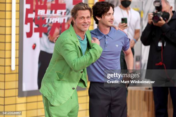 Brad Pitt and Logan Lerman attend the Los Angeles premiere of Columbia Pictures' "Bullet Train" at Regency Village Theatre on August 01, 2022 in Los...