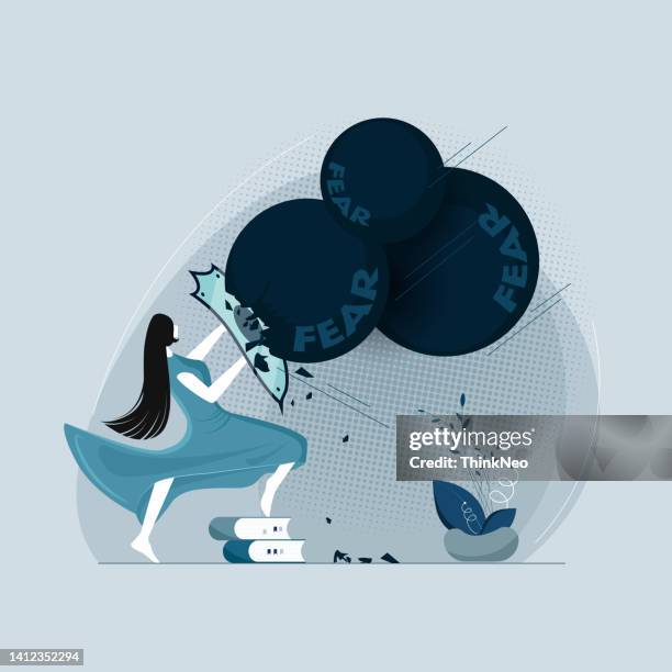 stockillustraties, clipart, cartoons en iconen met women fighting with fear, person self protect with fear ball. - business woman schild