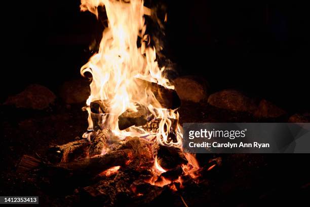 wood firepit bonfire at night - hot summer nights film stock-fotos und bilder