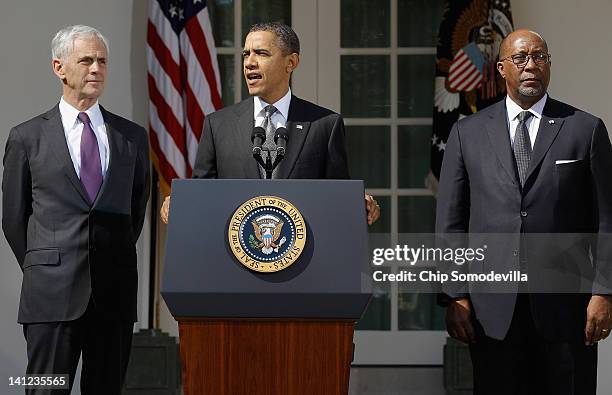 President Barack Obama makes remarks about a trade case against China with Commerce Secretary John Bryson and Trade Representative Ron Kirk in the...