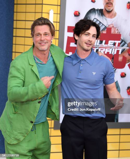 Brad Pitt and Logan Lerman attend the Los Angeles premiere of Columbia Pictures' "Bullet Train" at Regency Village Theatre on August 01, 2022 in Los...