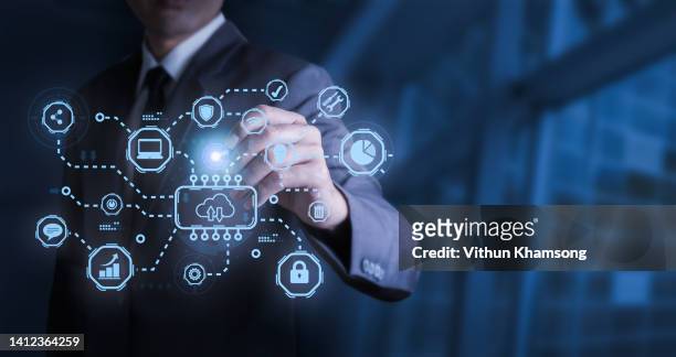 businessman touching technology network connection for document and digital file storage. - cloud network ストックフォトと画�像