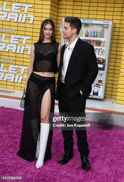 Barbara Palvin and Dylan Sprouse attend the Los Angeles premiere of Columbia Pictures' "Bullet Train" at Regency Village Theatre on August 01, 2022...