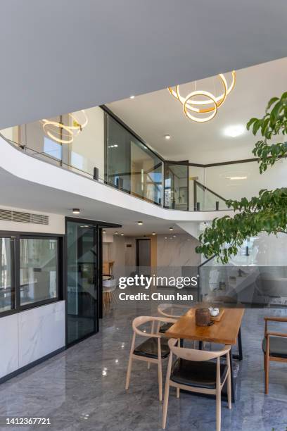 empty reception waiting area and beverage area in the office - decorating loft imagens e fotografias de stock