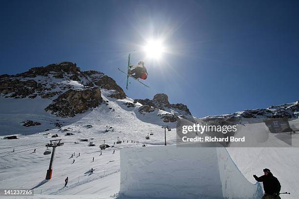 Andreas Hatveit from Norway rides the Slopestyle during the Winter X-Games Europe second training day on March 13, 2012 in Tignes, France.