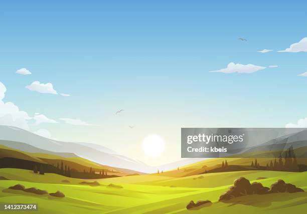 illustrations, cliparts, dessins animés et icônes de paysage de beau matin - lever de soleil