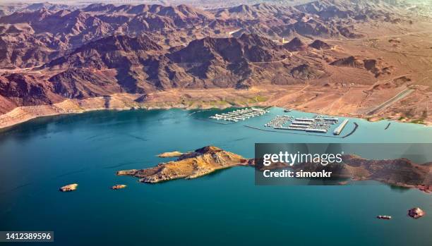 view of marina in mead lake - mead stock pictures, royalty-free photos & images