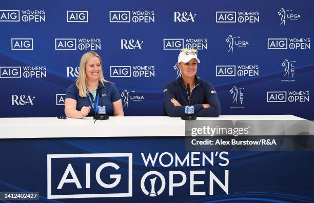 Anna Nordqvist of Sweden speaks in a press conference during a practice round prior to the AIG Women's Open at Muirfield on August 02, 2022 in...