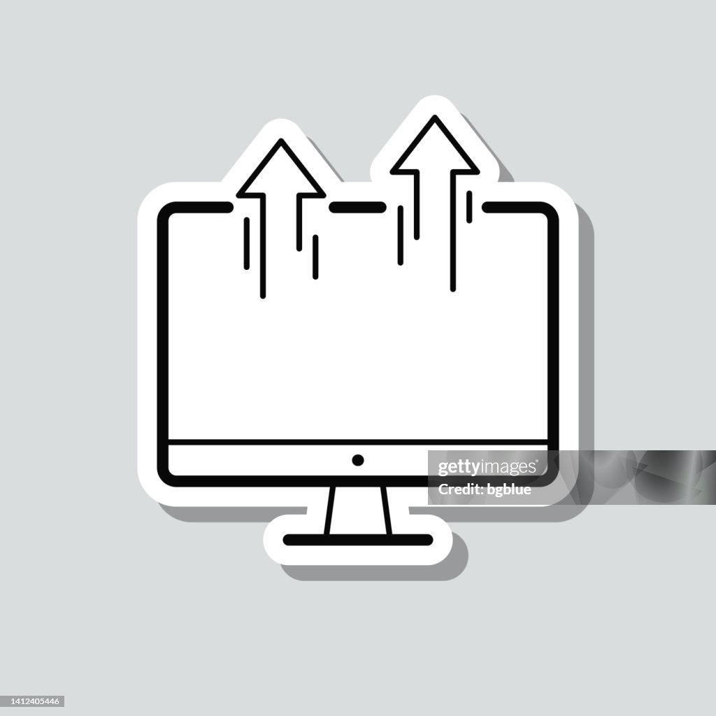 Send from desktop computer. Icon sticker on gray background
