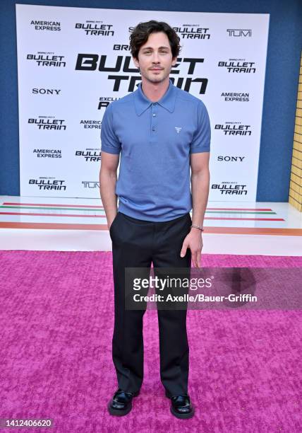Logan Lerman attends the Los Angeles Premiere of Columbia Pictures' "Bullet Train" at Regency Village Theatre on August 01, 2022 in Los Angeles,...