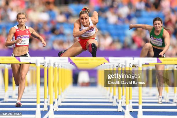 Holly Mills of Team England competes during the Women's Heptathlon 100m Hurdle heats on day five of the Birmingham 2022 Commonwealth Games at...