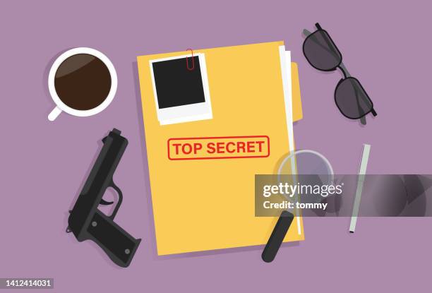 ilustrações de stock, clip art, desenhos animados e ícones de top secret folder, pen, glasses, gun, cup and a magnifying glass on the table - detetive