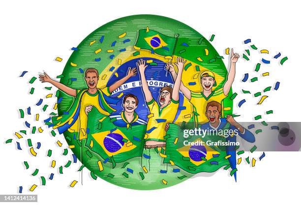 ilustrações, clipart, desenhos animados e ícones de grupo de cinco torcedores do futebol brasileiro comemora com bandeira nacional do brasil - bandeira brasileira