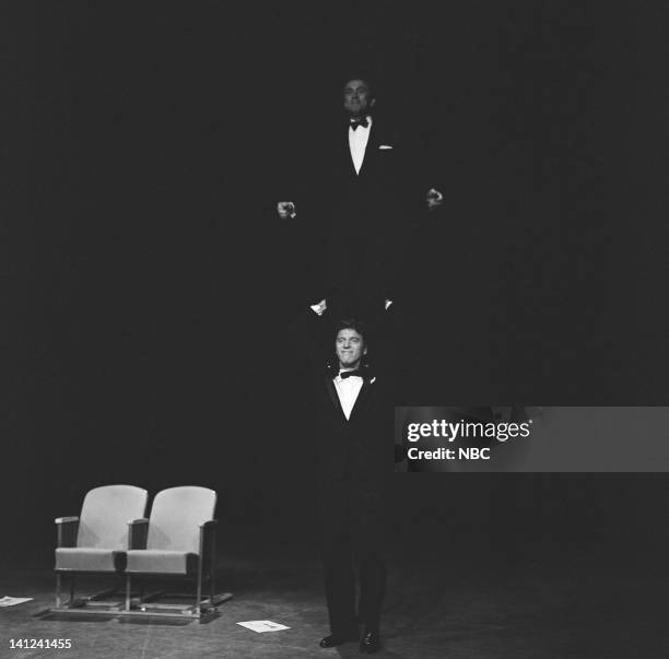 Aired -- Pictured: Actors Kirk Douglas and Burt Lancaster during a pre-taped performance of "It's Alright With Us" for the 31st Annual Academy Awards...