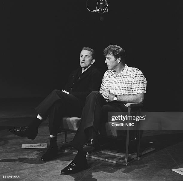 Aired -- Pictured: Actors Kirk Douglas and Burt Lancaster during a rehearsal for a performance of "It's Alright With Us" for the 31st Annual Academy...