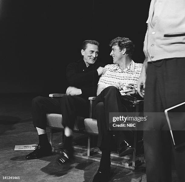 Aired -- Pictured: Actors Kirk Douglas and Burt Lancaster during a rehearsal for a performance of "It's Alright With Us" for the 31st Annual Academy...