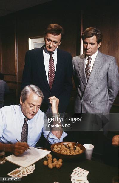 Members Only" Episode 15 -- Pictured: Kevin McCarthy as Bob McKeever, Barrie Ingham as Chuck LeCraw, Dirk Benedict as Templeton 'Faceman' Peck --...