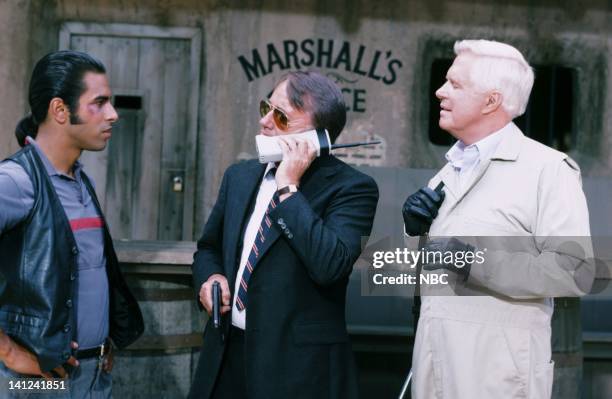 The Say U.N.C.L.E. Affair" Episode 5 -- Pictured: Eddie Velez as Frankie Santana, Robert Vaughn as General Hunt Stockwell, George Peppard as John...