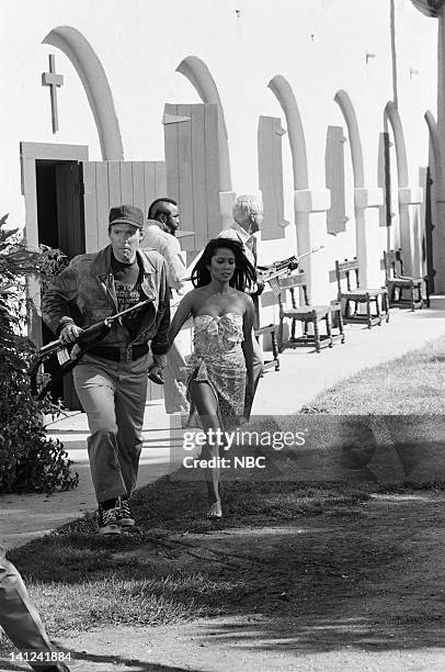 The Crystal Skull" Episode 10 -- Pictured: Dwight Schultz as 'Howling Mad' Murdock, Rochelle Ashana as Leesa, Mr. T as B.A. Baracus, George Peppard...