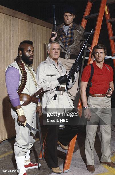 Pictured: Mr. T as Sgt. Bosco "B.A." Baracus, Dwight Schultz as Capt. H.M. "Howling Mad" Murdock, Dirk Benedict as Lt. Templeton "Faceman" Peck,...