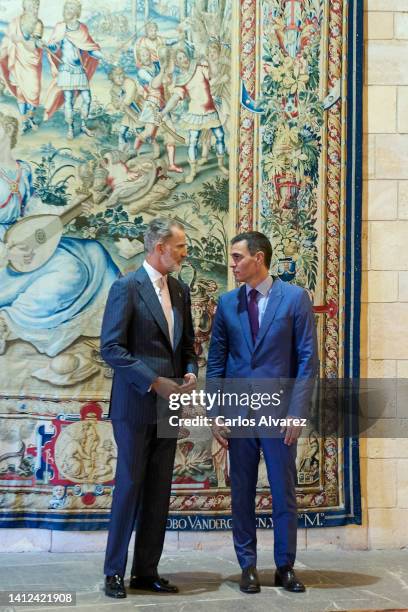 King Felipe VI of Spain receives prime minister Pedro Sanchez at the La Almudaina Palace on August 02, 2022 in Palma de Mallorca, Spain.