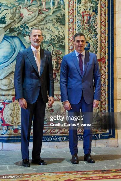 King Felipe VI of Spain receives prime minister Pedro Sanchez at the La Almudaina Palace on August 02, 2022 in Palma de Mallorca, Spain.