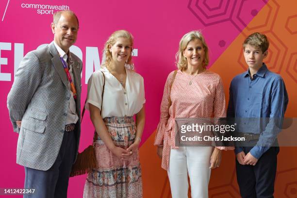 Prince Edward, Earl of Wessex, Lady Louise Windsor, Sophie, Countess of Wessex and James, Viscount Severn pose for photographs at the Sandwell...