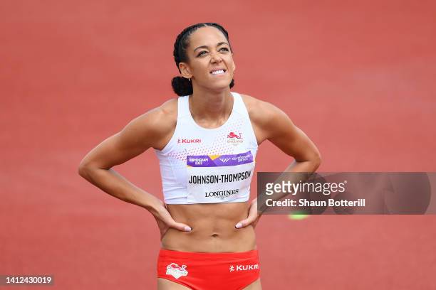 Katarina Johnson-Thompson of Team England reacts after competing in the Women's Heptathlon High Jump on day five of the Birmingham 2022 Commonwealth...