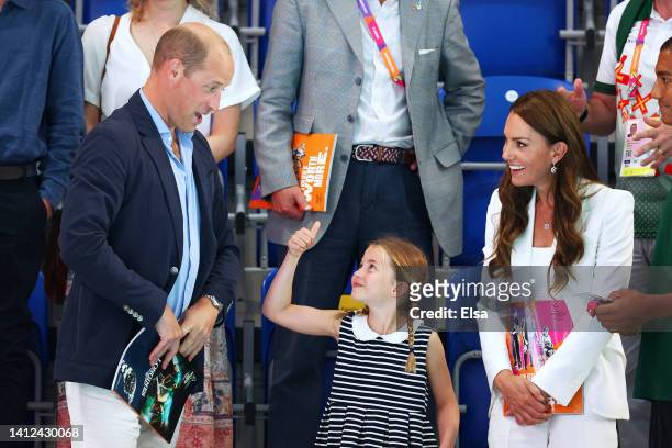 Prince William, Duke of Cambridge, Princess Charlotte and Catherine, Duchess of Cambridge watch the action on day five of the Birmingham 2022...
