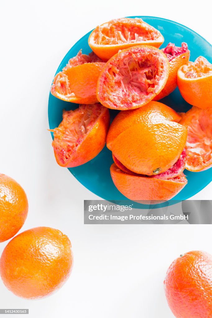 Moro blood oranges, whole and juiced