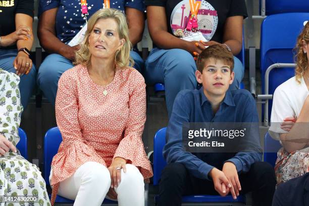 Sophie, Countess of Wessex and James, Viscount Severn watch the action on day five of the Birmingham 2022 Commonwealth Games at Sandwell Aquatics...