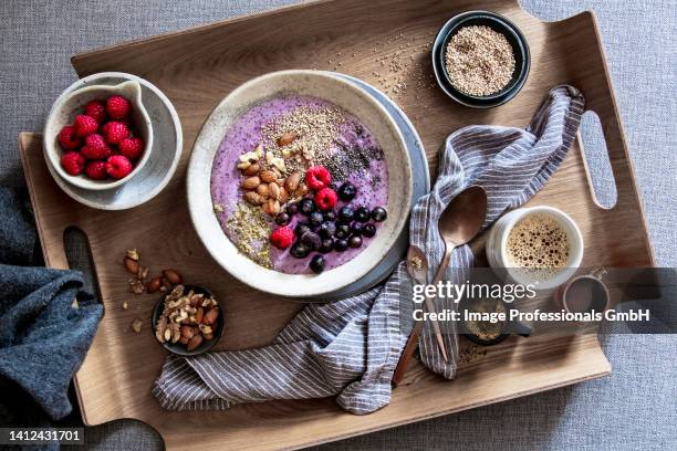 a breakfast bowl with frozen yoghurt and superfood toppings (low carb) - hemp seed fotografías e imágenes de stock